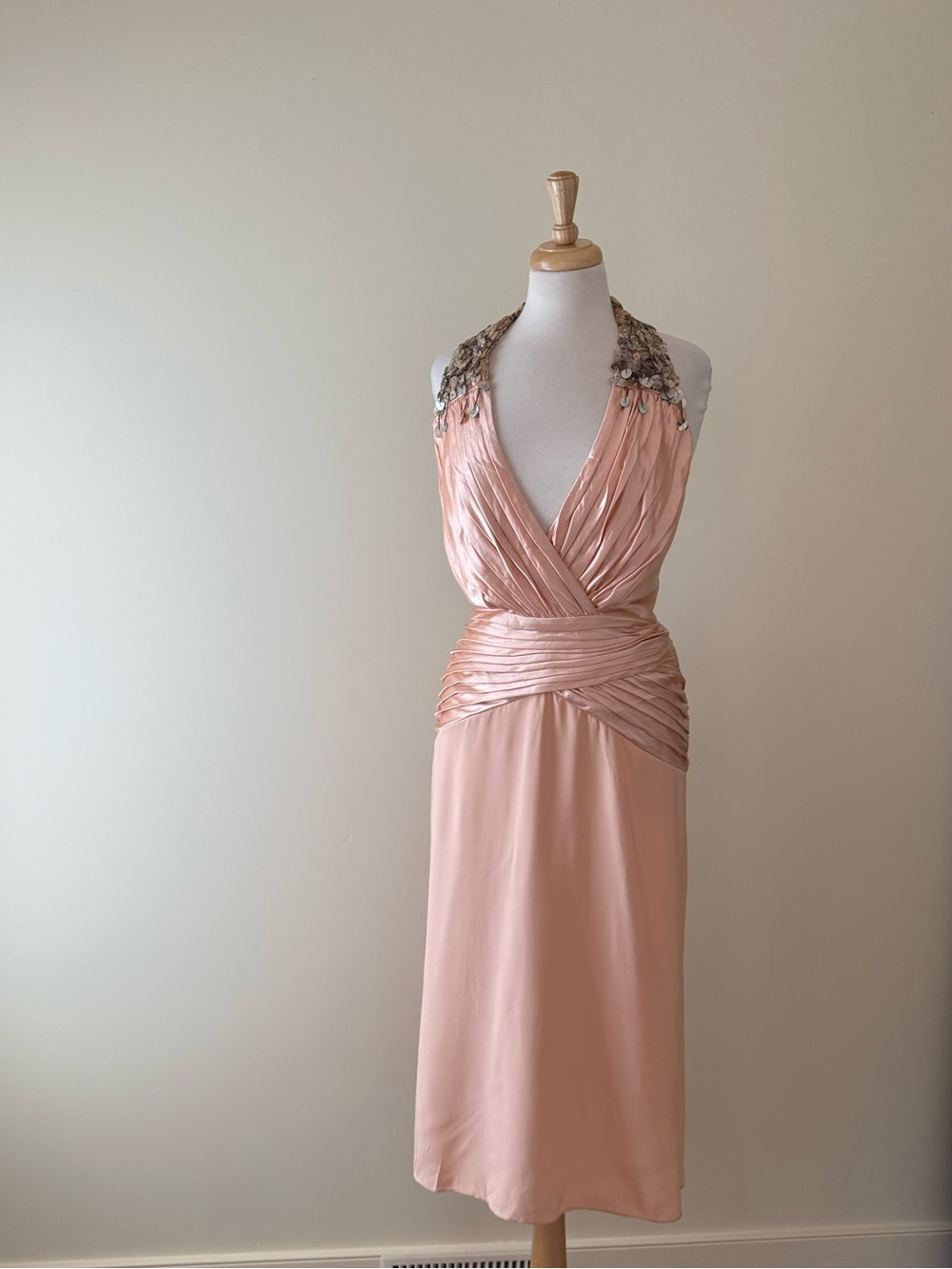 100% silk Tadashi Beaded Halter Dress | Blush Pink